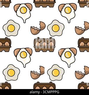 Seamless vector pattern featuring cartoon illustrations of fried eggs, cracked eggshells, and egg cartons, creating a playful and appetizing design id Stock Vector