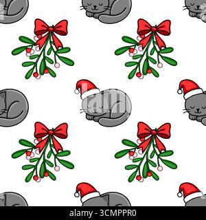 Seamless vector Christmas pattern featuring adorable sleeping grey cats in Santa hats and mistletoe sprigs with red bows, creating a charming festive Stock Vector