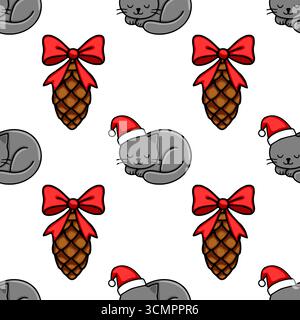 Seamless vector Christmas pattern featuring adorable sleeping grey cats in Santa hats and pine cones adorned with red bows, creating a charming festiv Stock Vector