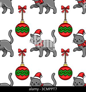 Seamless vector Christmas pattern featuring adorable grey cats in Santa hats and red scarves, playfully interacting with festive red and green baubles Stock Vector