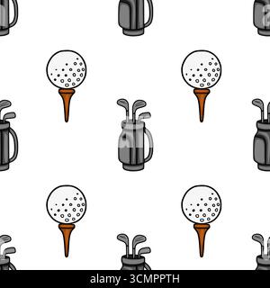 Seamless vector pattern featuring a playful illustration of golf balls on tees and golf bags with clubs, rendered in a simple, hand-drawn style with g Stock Vector