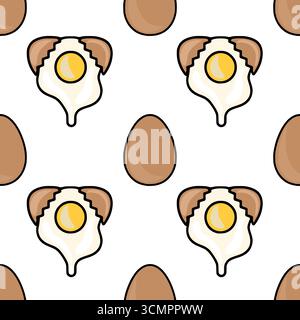 Seamless vector pattern featuring a playful illustration of cracked eggs with runny yolks alternating with whole brown eggs, creating a cheerful and a Stock Vector