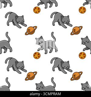 Seamless vector pattern featuring playful grey kittens chasing planets and moons in a whimsical cosmic design, perfect for textile prints or children' Stock Vector