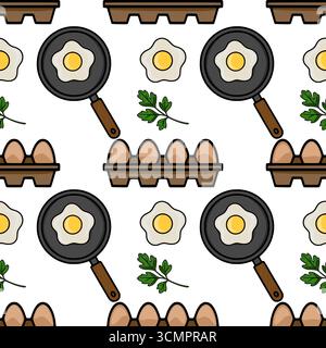 Seamless vector pattern featuring fried eggs in a pan, eggs in a carton, and parsley sprigs, creating a cheerful and appetizing kitchen-themed design. Stock Vector