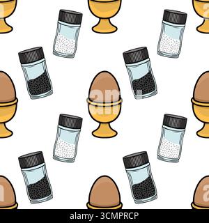 Seamless vector pattern featuring a boiled egg in an egg cup, alongside salt and pepper shakers, rendered in a hand-drawn style with distinct color pa Stock Vector