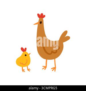 Brown hen standing with a yellow chick simple flat illustration isolated on white. Domestic birds with red combs and orange beaks Stock Vector