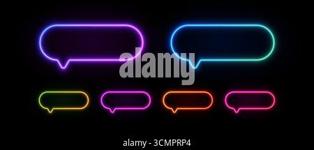 Neon light speech bubble. Talk sign for text message. Glowing led chat icon. Vector laser dialog set. Stock Vector
