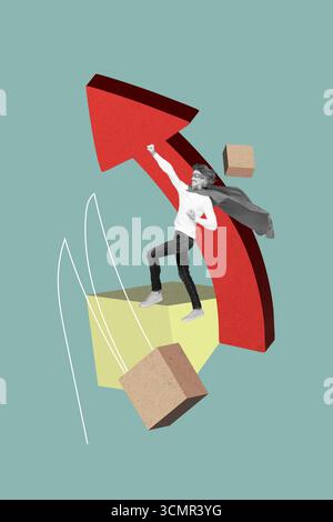 Composite trend artwork collage of young man superhero cloak stand confident arrow up success problem solution process strategy direction Stock Photo