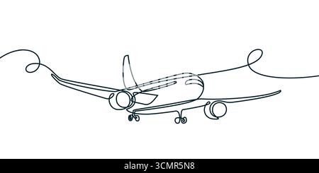 Vector hand drawn continuous line illustration of plane. Abstract monoline design for air travel, tourism flight, plane tickets booking Stock Vector