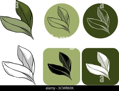 green leaves logotype. Vector graphic line ink colored illustration. Silhouette sign for logo, print, comics, fashion, pop art, boards, design, sticke Stock Vector