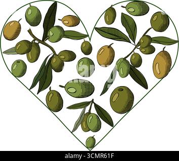 Olive berry branch with green leaves heart composition logotype. Vector graphic line ink colored illustration. for st valentines day with love symbol Stock Vector