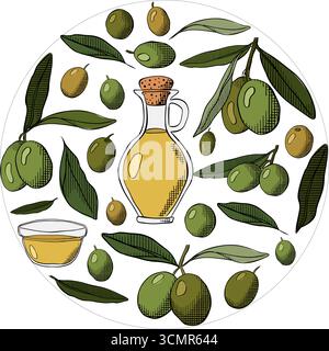 Olive oil, berry branch with green leaves circle round composition logotype. Vector graphic line ink colored illustration. wedding invitation and card Stock Vector