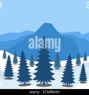 Winter Mountain Landscape with Pine Trees. Vector illustration of a serene winter landscape with tall pine trees standing on snow covered hills. Stock Vector