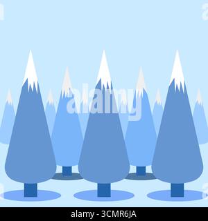 Minimal Winter Forest with Snowy Peaks Illustration. Flat illustration of a stylized winter landscape with snowy mountains and abstract conifer trees. Stock Vector