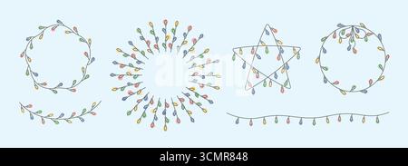 Thin line string festive Christmas, holiday light garland shapes set. Retro minimalist color vector bulbs frames, borders, elements collection. simple Stock Vector