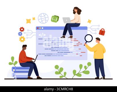 Developers collaborating on code with laptops and magnifying glass, surrounded by programming symbols, gears, and security icons, perfect for software development and teamwork topics vector illustration Stock Vector