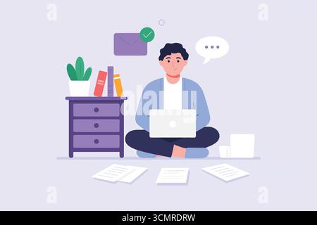 Man working on laptop at home sitting on floor surrounded by papers and books illustration Stock Vector