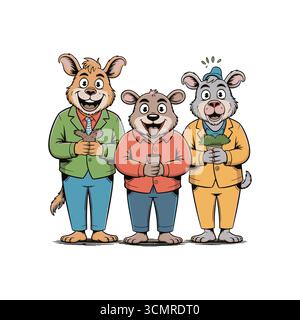 "Three Friendly Cartoon Animals Standing Together with Cheerful Expressions and Style" Stock Vector