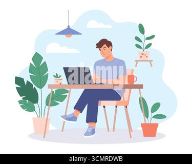 Man working on laptop at home surrounded by indoor plants illustration for modern workspace design Stock Vector