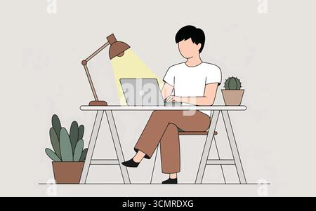 Man working on laptop at minimalist desk illustration with lamp and indoor plants for productivity Stock Vector