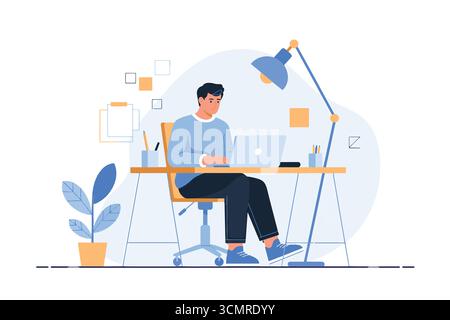 Man working on laptop at desk illustration with lamp and modern home office environment Stock Vector