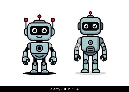 "Two Friendly Cartoon Robots Standing Side by Side with Smiling Faces" Stock Vector