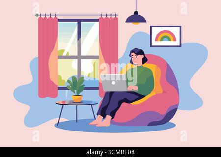 Person working on laptop at home in cozy room with window and colorful decor illustration Stock Vector