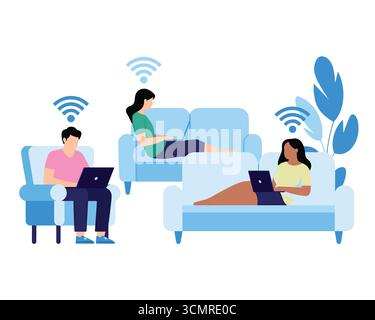 People working remotely on laptops using wireless internet connection illustration in modern home setting Stock Vector