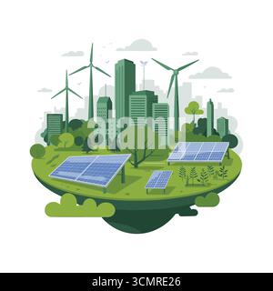 Sustainable city with solar panels and wind turbines illustration promoting renewable energy and green environment Stock Vector