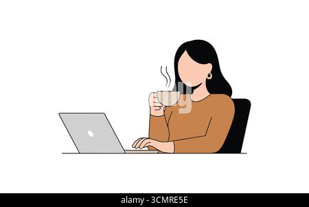 Minimalist woman drinking coffee while working on laptop illustration for modern workspace and productivity design Stock Vector