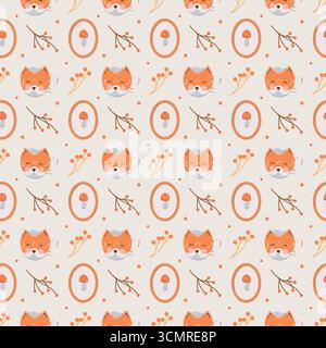 A cute autumn vector pattern with a fox mug, mushroom frames, forest branches, and berries. A cozy seamless background. Flat illustration in warm tones on a beige background. Stock Vector
