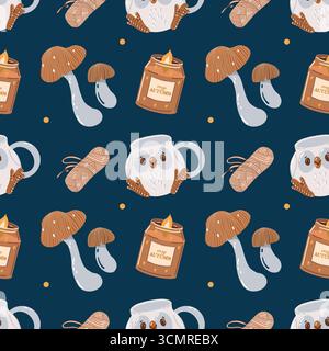 A warm and cozy autumnal seamless pattern. Yarn, scented candles, mushrooms, and a cute mug with an owl. A colorful background with autumnal elements and attributes. Autumn pattern. Vector illustration on a dark blue background. Stock Vector