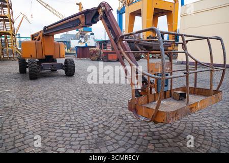 Diesel telescopic self-propelled lift at the seaport in Constanta Romania Stock Photo