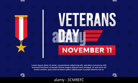 Patriotic Veterans Day banner featuring a gold star medal with red and white ribbon on a dark blue background with subtle star patterns. Stock Vector