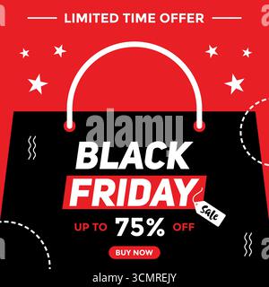Black Friday promotional design featuring a bold red and black color with shopping bag suitable for ecommerce, retail marketing, and social media ads. Stock Vector