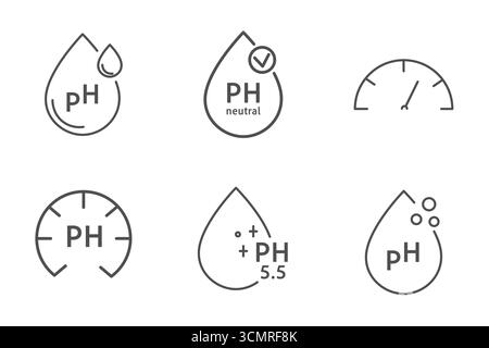 Ph icon, line simple set. Neutral balance skin, thin line web symbol. Drop with PH symbol. certified, tested products for skin, hair and food. Healthcare cosmetic natural . Vector illustration Stock Vector