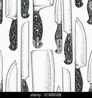 Hand Drawn Vintage Vector Seamless Pattern of Knifes. Not AI Generated. Kitchen Utensil Old Style Illustration Stock Vector