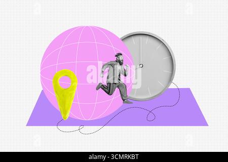 Composite sketch design artwork 3D photo collage of young man run location point worldwide travel moving deadline alarm work time fast Stock Photo