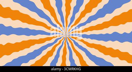 Psychedelic abstract background with wavy orange, beige, and blue rays radiating from the center. Groovy retro pattern with vibrant colors, perfect Stock Vector