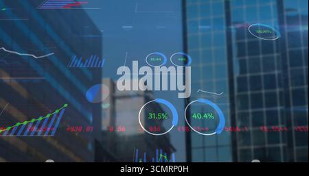 Displaying data overlay hovering above city skyline with glass skyscrapers and progress charts Stock Photo