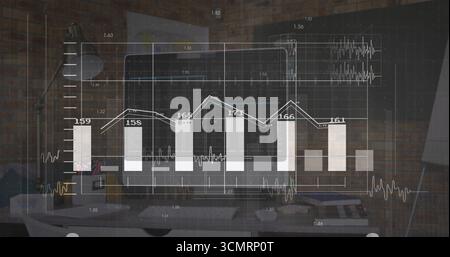 Displaying translucent financial chart overlay at brick desk, with monitor, keyboard and coffee mug Stock Photo