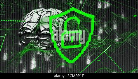 Displaying metallic brain streaming code in landscape, revealing green shield and unlocked padlock Stock Photo