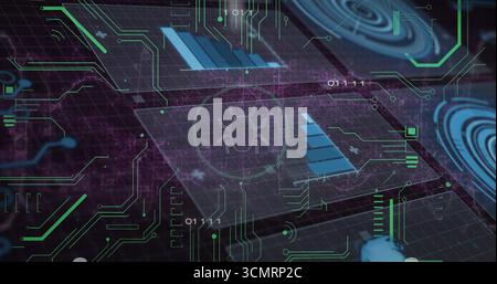 Displaying bug icon glowing on security dashboard panels linking circuits and binary digits Stock Photo