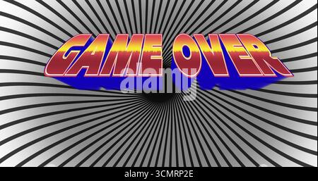 Displaying bold 3D GAME OVER text against spiral optical illusion background, retro game aesthetic Stock Photo