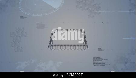 Displaying wireframe microchip frame in interface with pins, hexagon clusters and world map grid Stock Photo