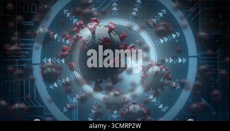 Displaying virus particle floating within lab interface, with red spikes, data rings and arrows Stock Photo
