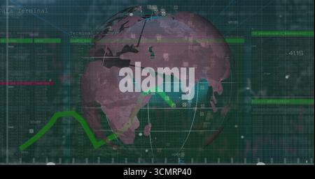 Displaying 3D data globe on dashboard with network lines over code grid and green graphs Stock Photo