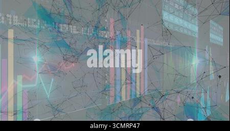 Displaying node network with translucent bars and line graphs in virtual space, with numeric panels Stock Photo