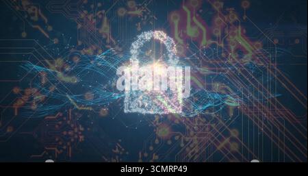 Floating digital padlock icon glowing over network grid, with waveform streams and orange traces Stock Photo