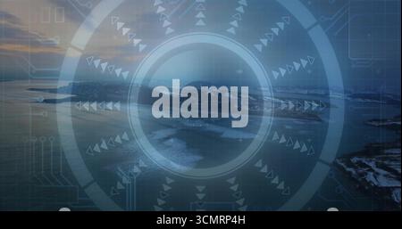 Displaying circular HUD overlaying coastal waters and islets at dusk, with arrows and grid overlay Stock Photo